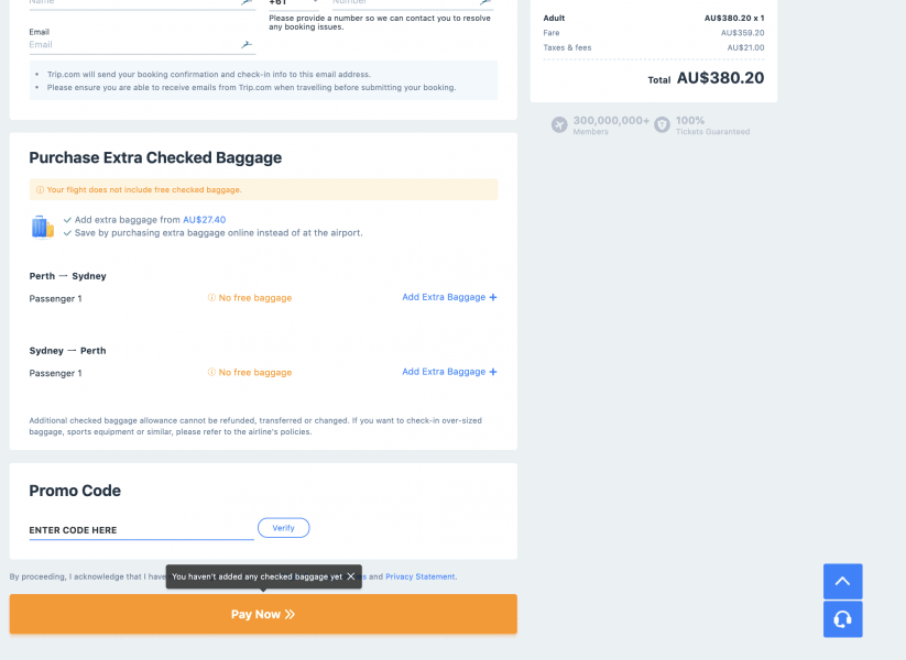 Trip.com checkout page with the promo code field