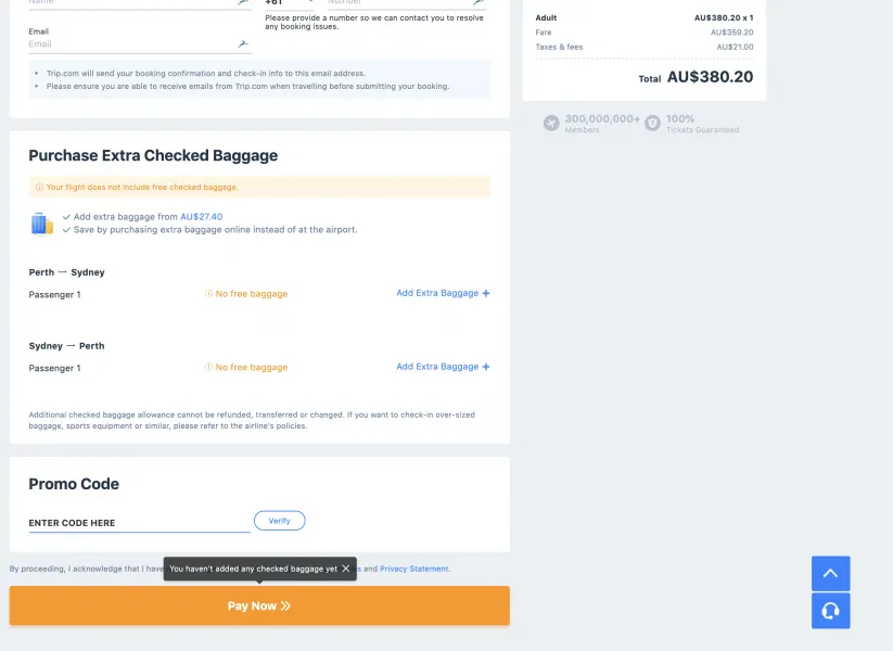 Trip.com checkout page with the promo code field