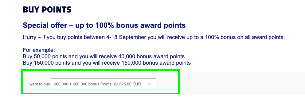 Finnair Plus buy points page offering up to a 100% bonus on purchased points