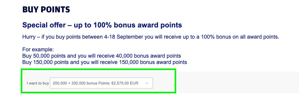 Finnair Plus buy points page offering up to a 100% bonus on purchased points