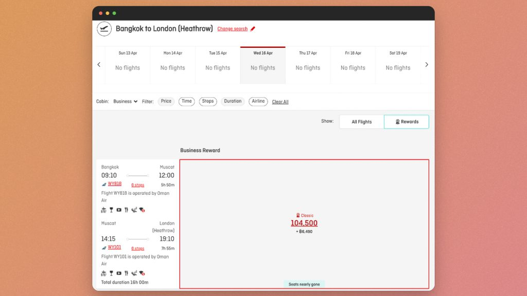 Qantas booking search for Oman Air business class from Bangkok to London for 104,500 points