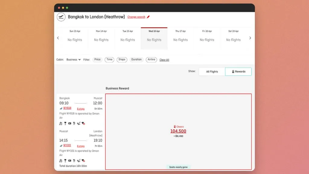 Qantas booking search for Oman Air business class from Bangkok to London for 104,500 points