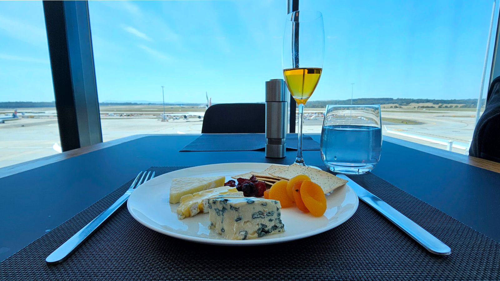 Dining at the Qantas First Lounge in Melbourne
