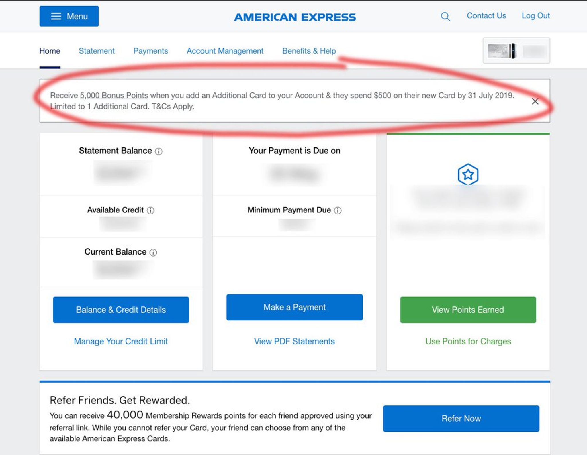 American Express account page with an offer of 5,000 bonus points for adding an additional card circled
