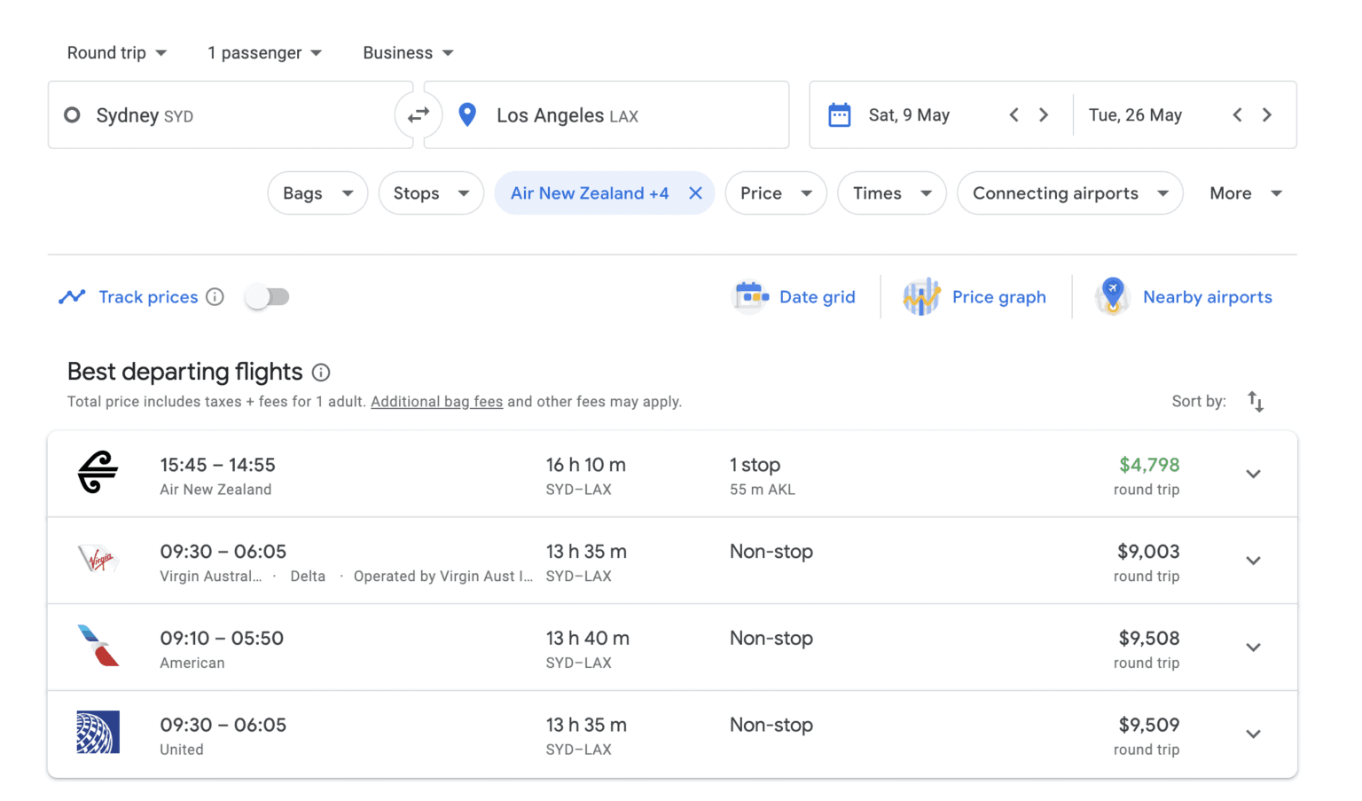 Google Flights results for Sydney to Los Angeles in business class with Air New Zealand cheapest