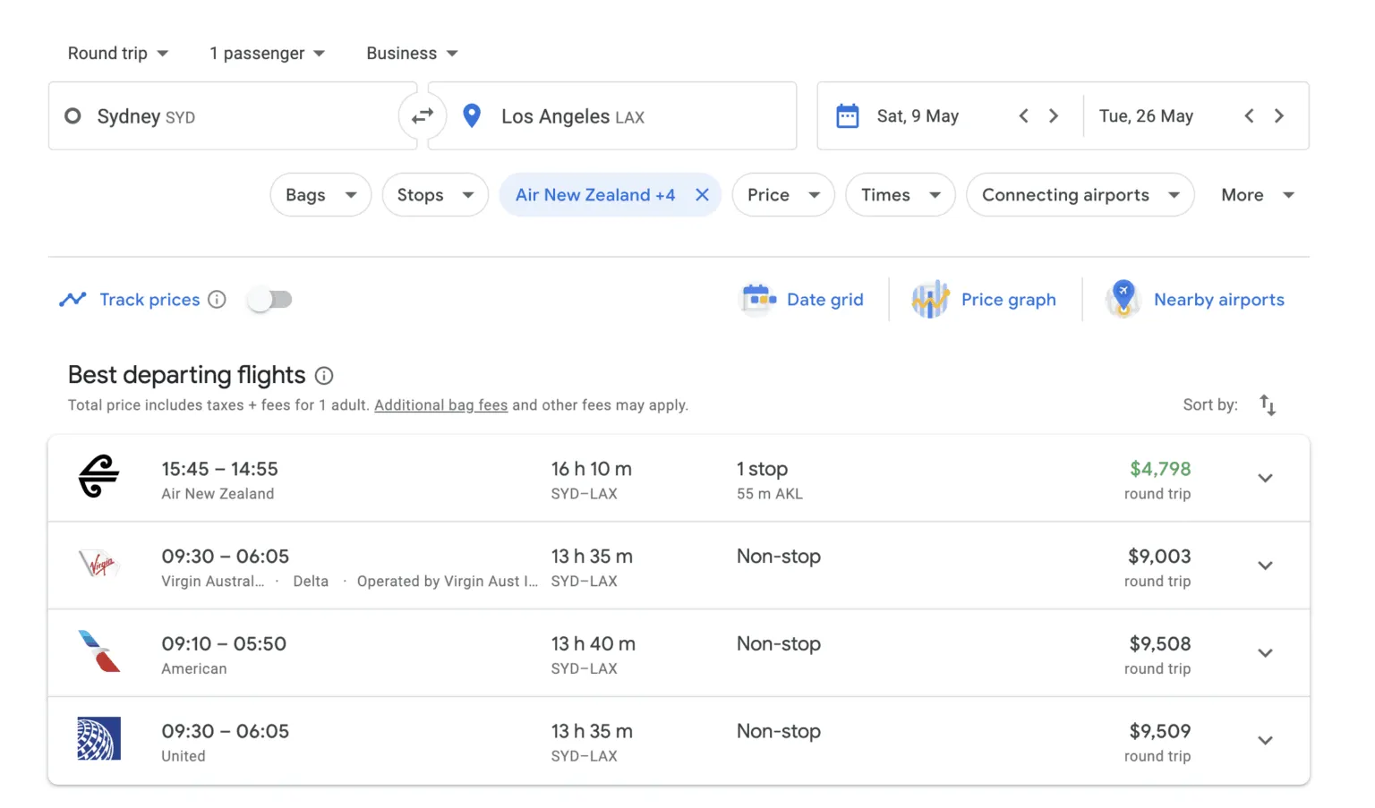 Google Flights results for Sydney to Los Angeles in business class with Air New Zealand cheapest