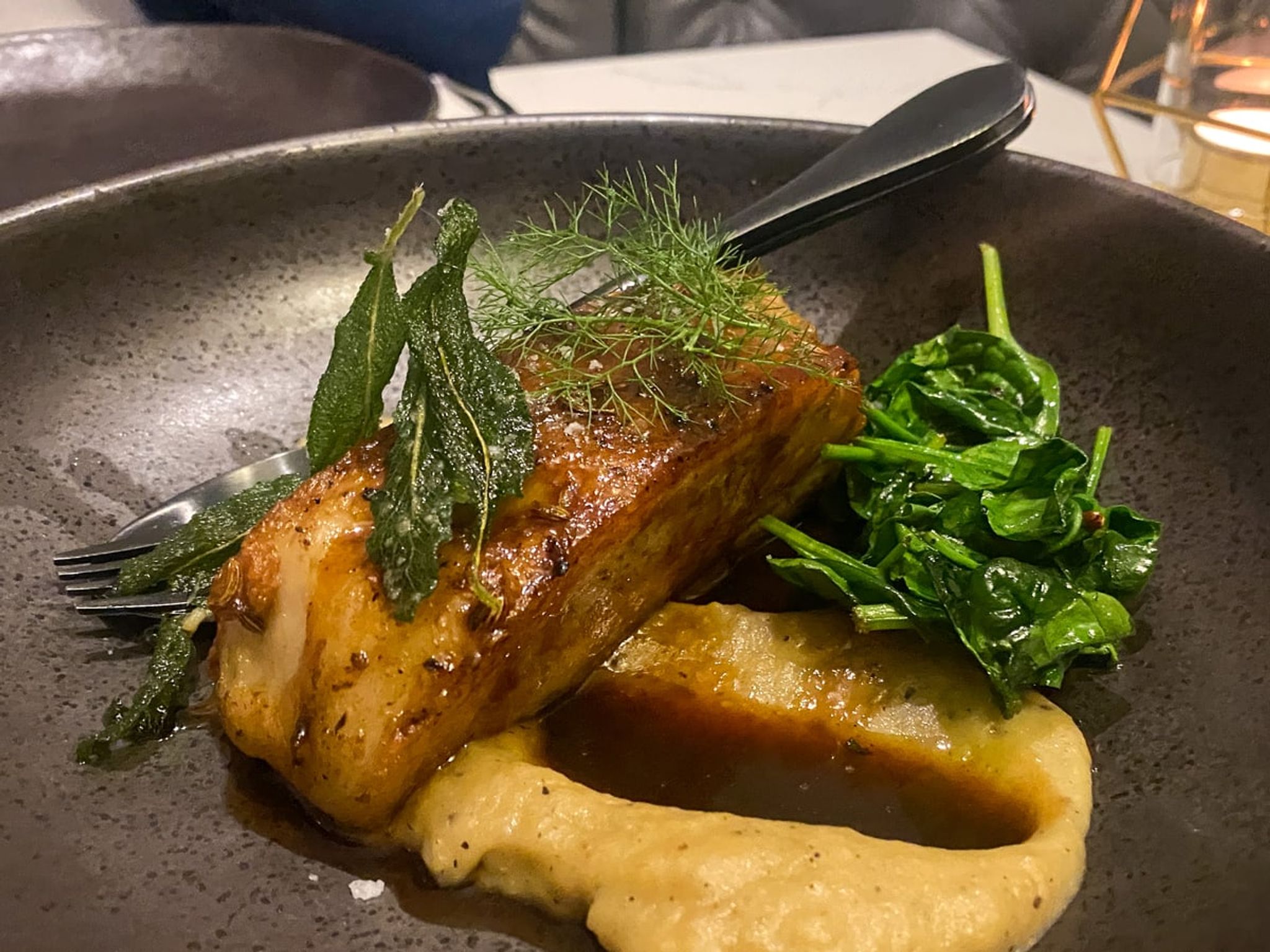 Fish with sage and spinach served at Mövenpick Hotel Hobart