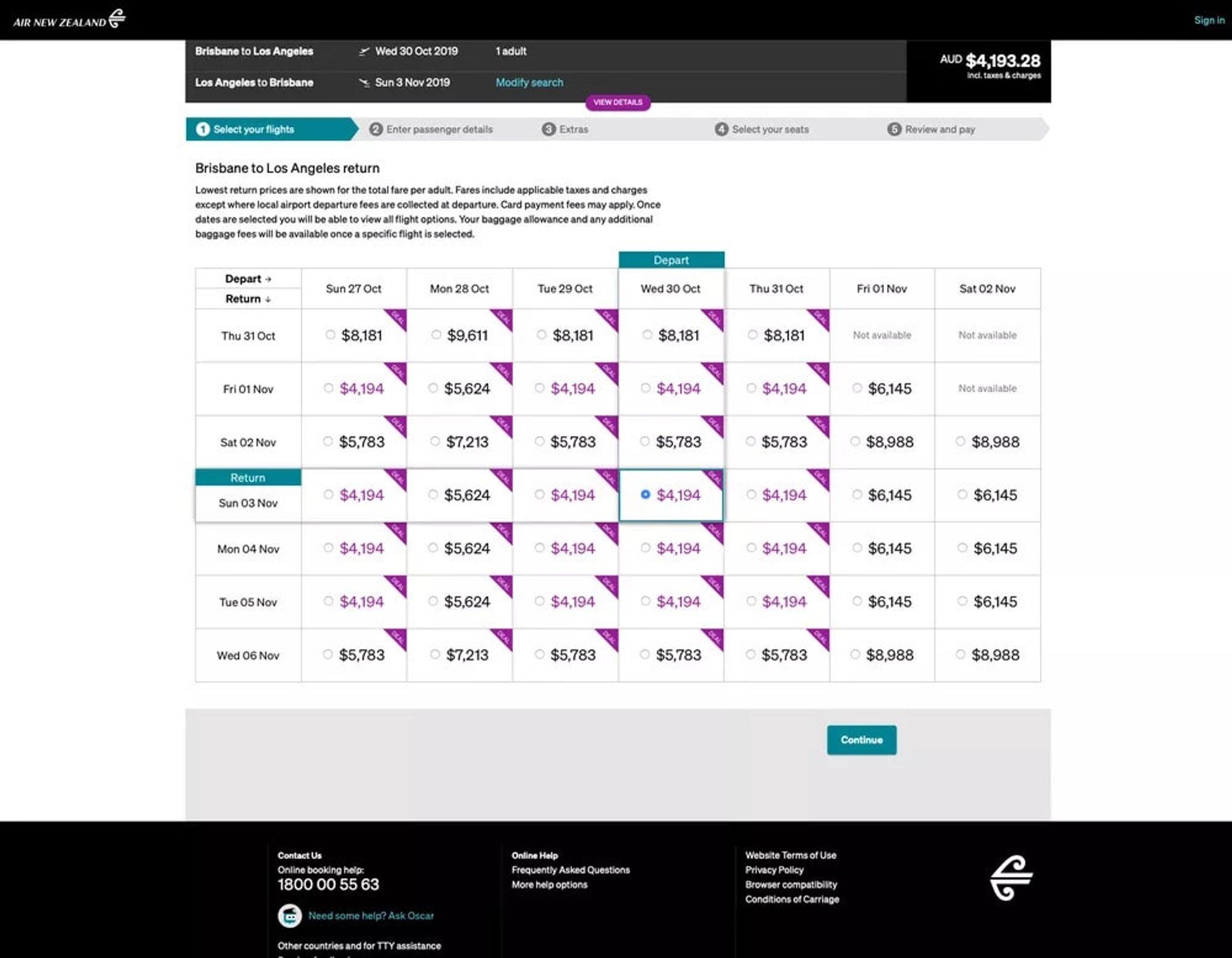 Air New Zealand fare calendar for Brisbane to Los Angeles return in business class