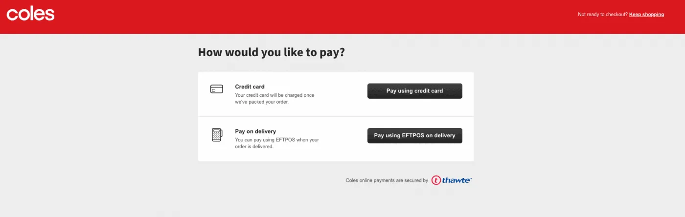 Coles Online checkout asking how you would like to pay