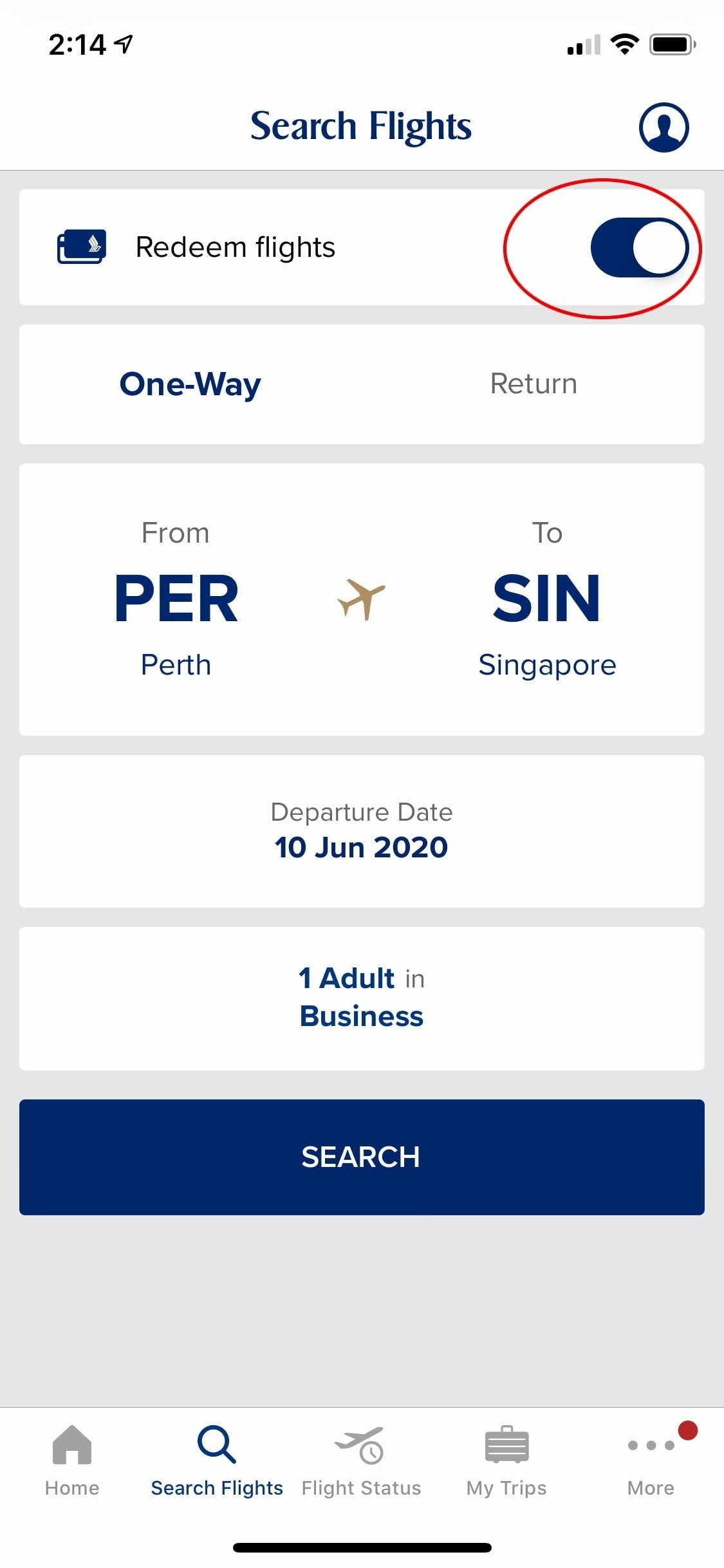 Singapore Airlines app flight search with the Redeem flights toggle switched on