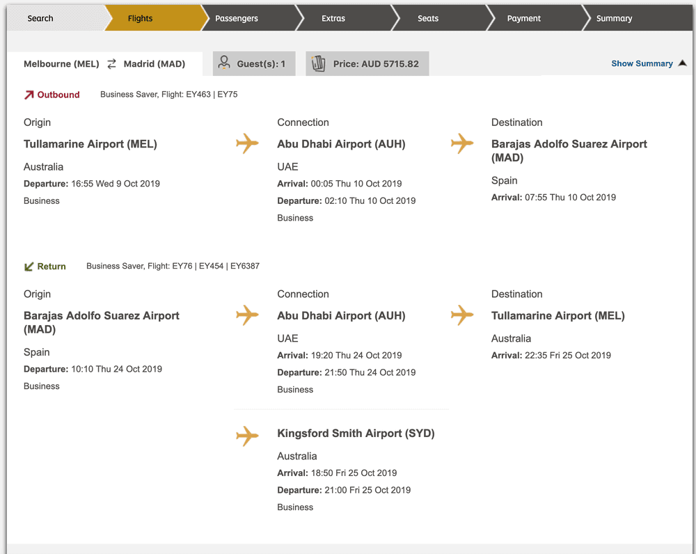 Etihad business class booking from Melbourne to Madrid via Abu Dhabi for AUD 5,715.82