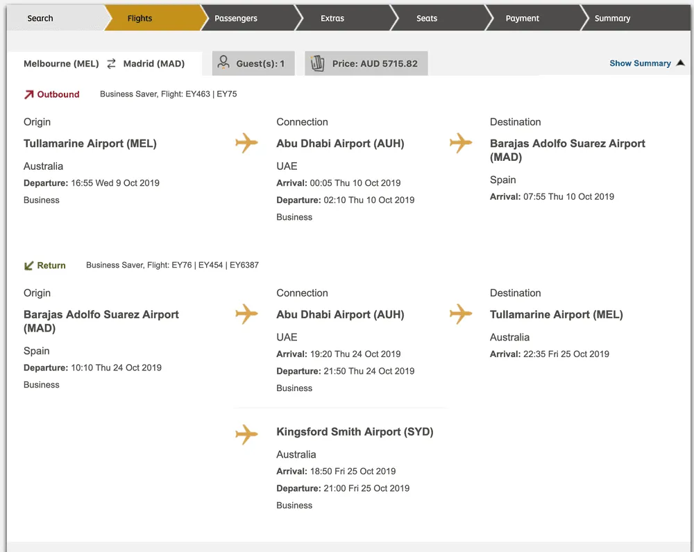 Etihad business class booking from Melbourne to Madrid via Abu Dhabi for AUD 5,715.82
