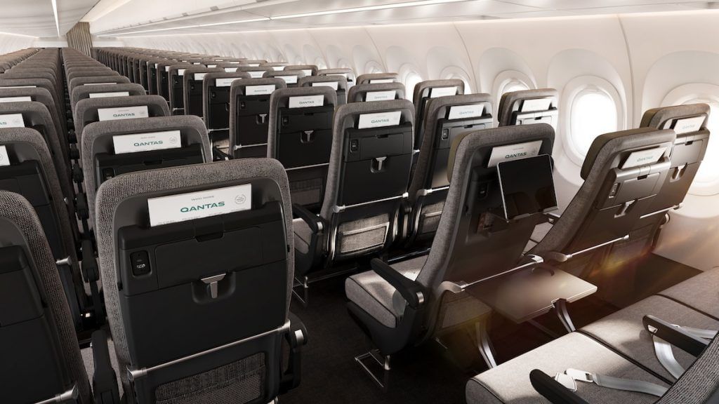 Qantas A321XLR Economy cabin with rows of grey seats
