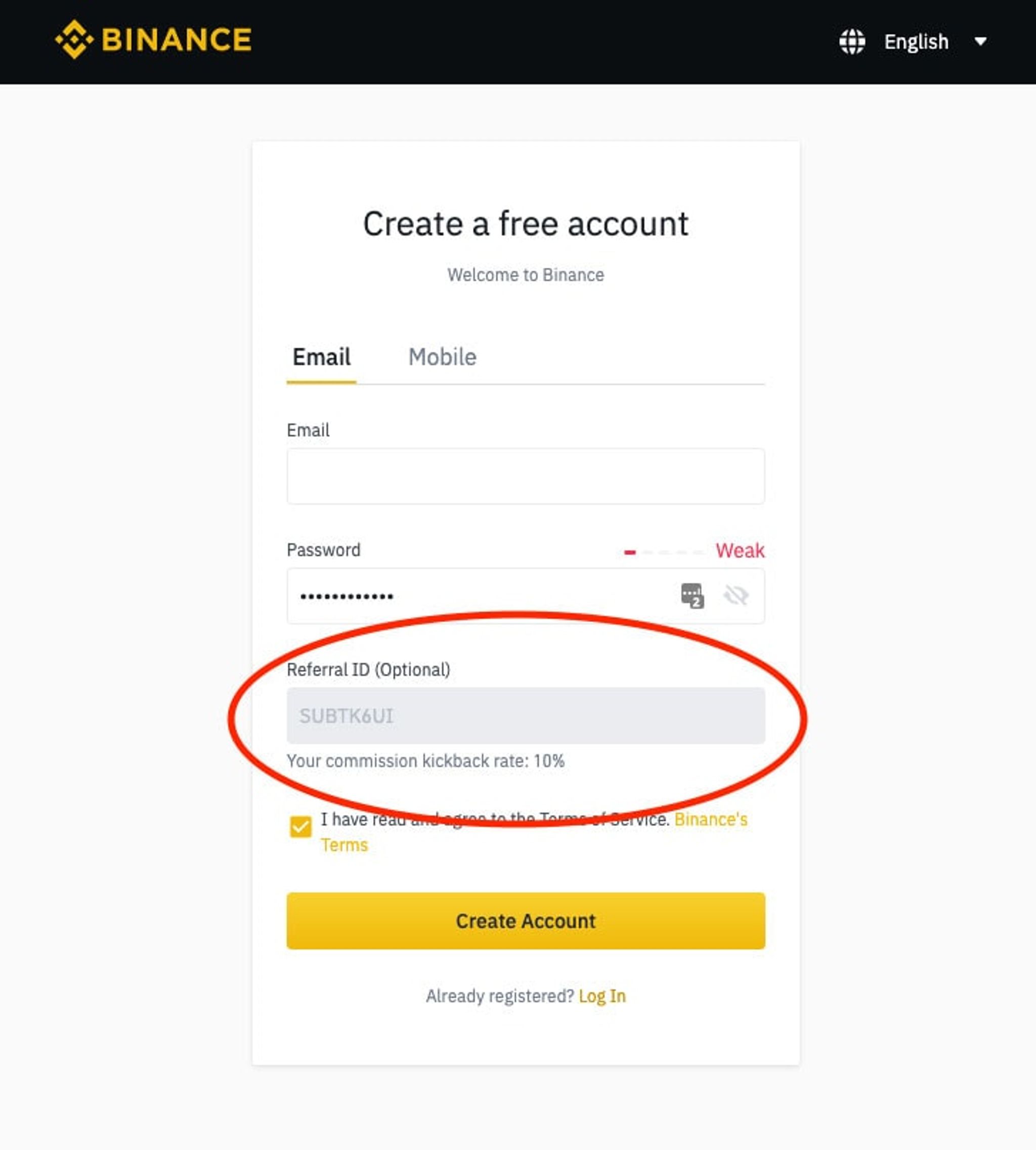 Binance sign-up form with the optional referral ID field circled