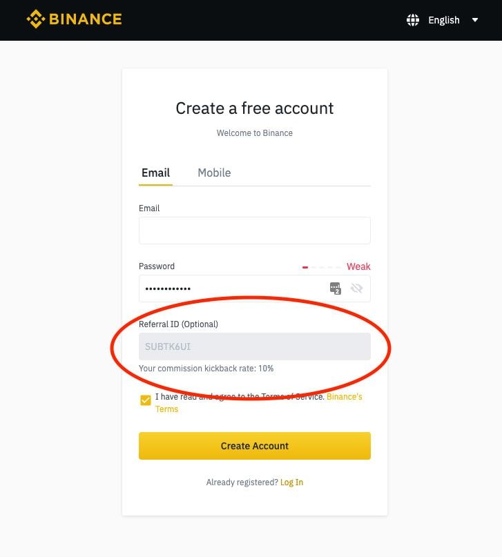 Binance sign-up form with the optional referral ID field circled