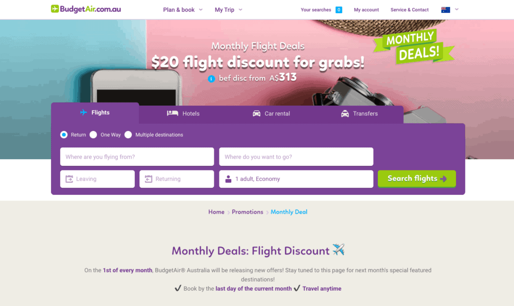 BudgetAir Australia homepage with the monthly flight deals banner and flight search