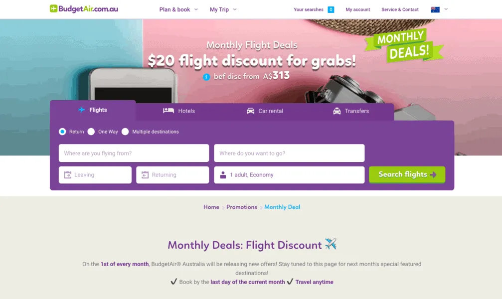 BudgetAir Australia homepage with the monthly flight deals banner and flight search