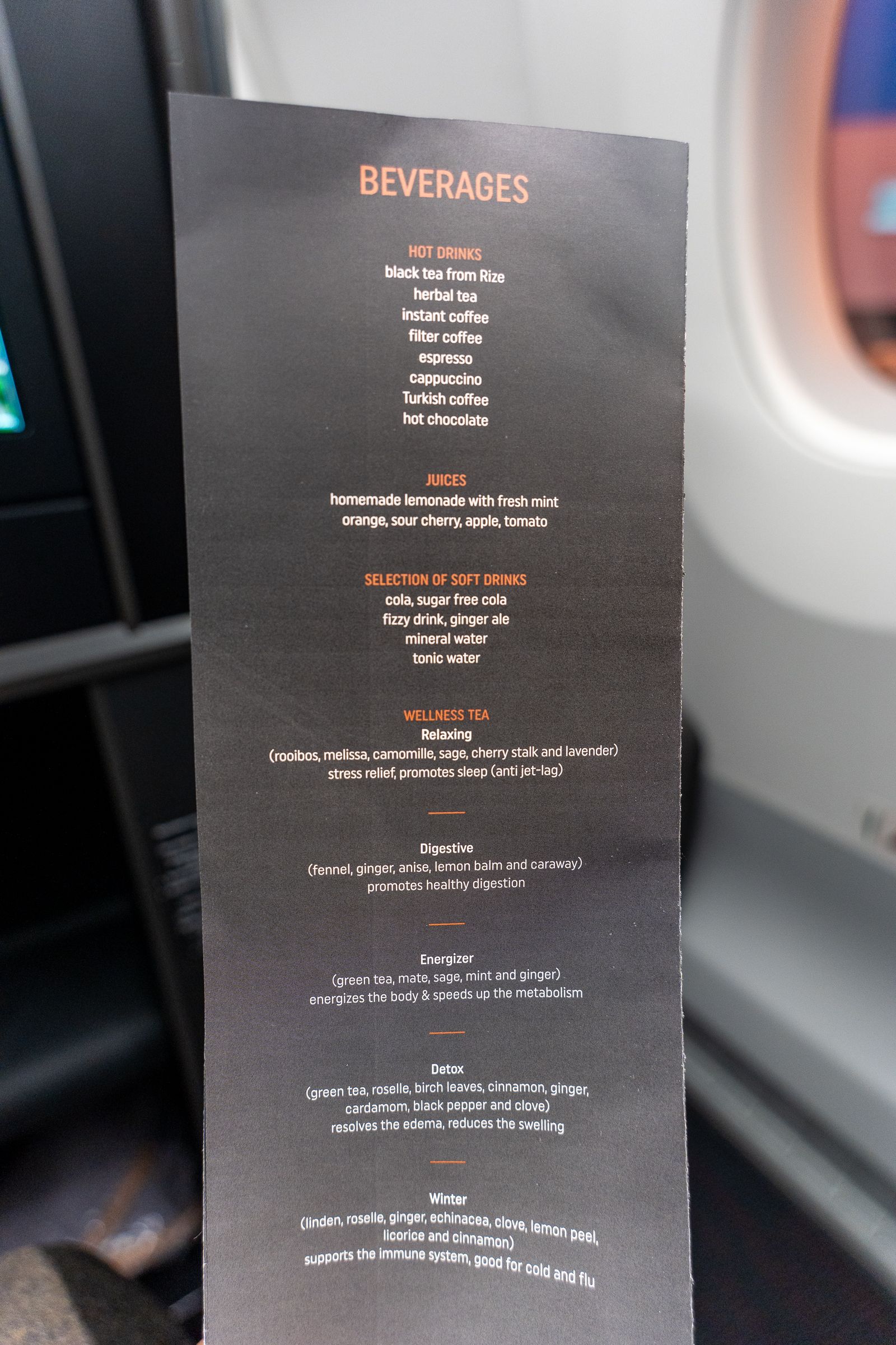 Turkish Airlines business class beverage menu