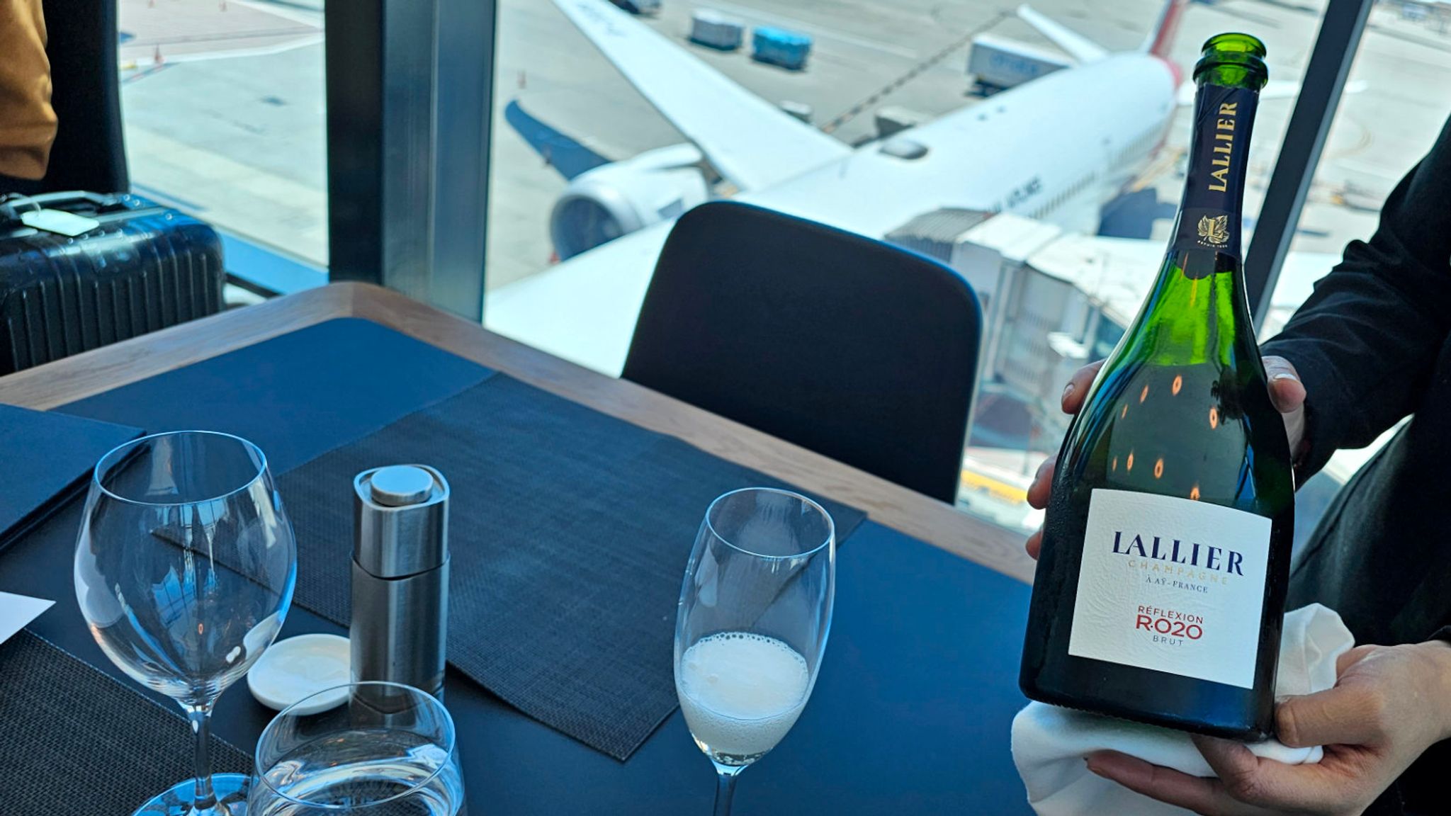Dining at the Qantas First Lounge in Melbourne