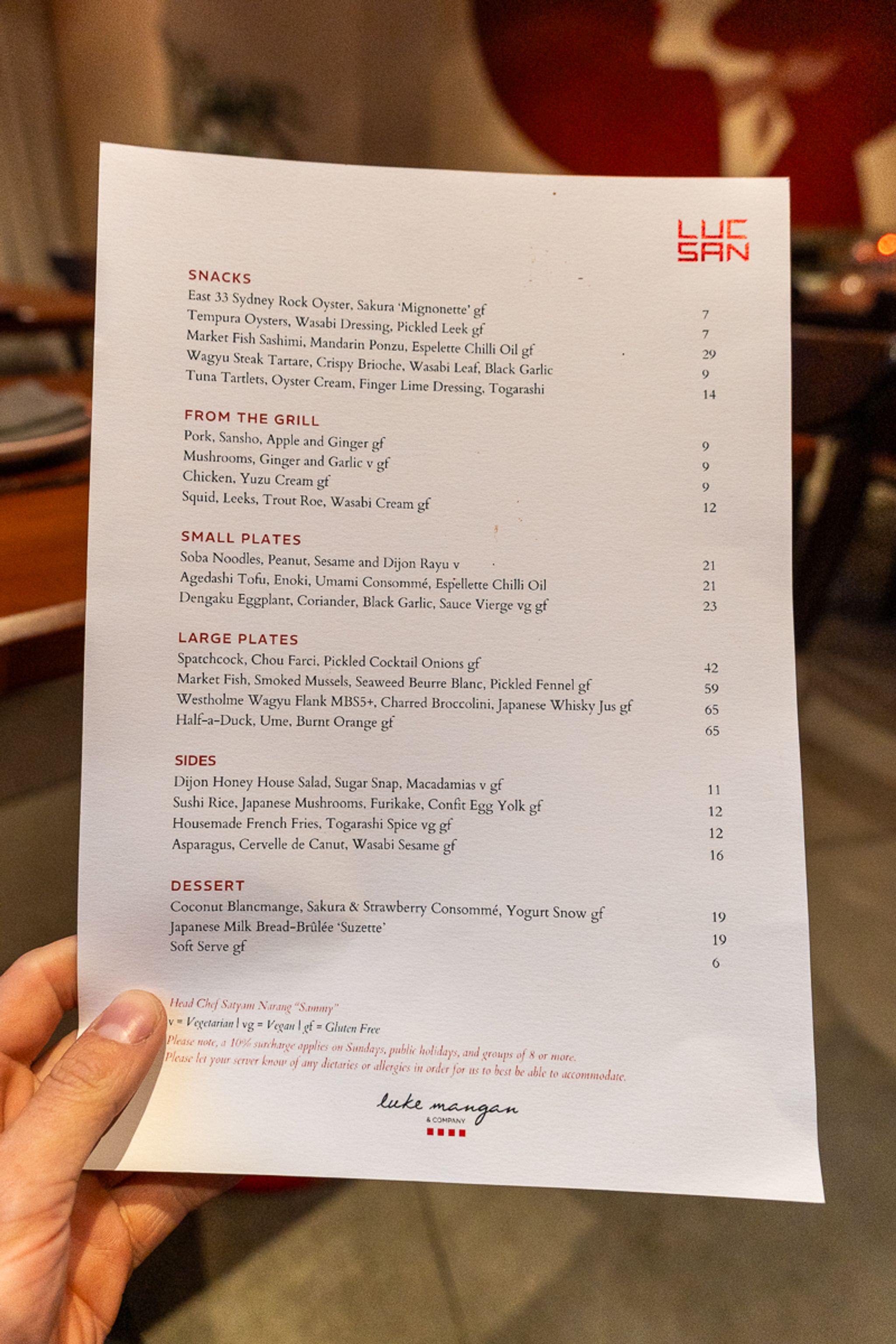 Luc-San dinner menu at Hotel Indigo Sydney Potts Point