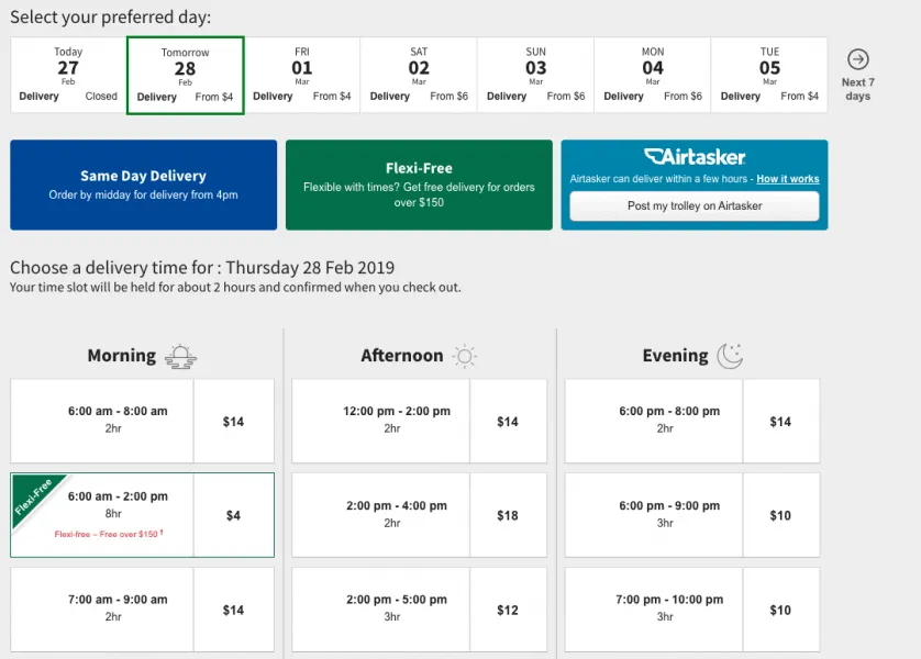 Coles Online delivery day and time slot selection with prices