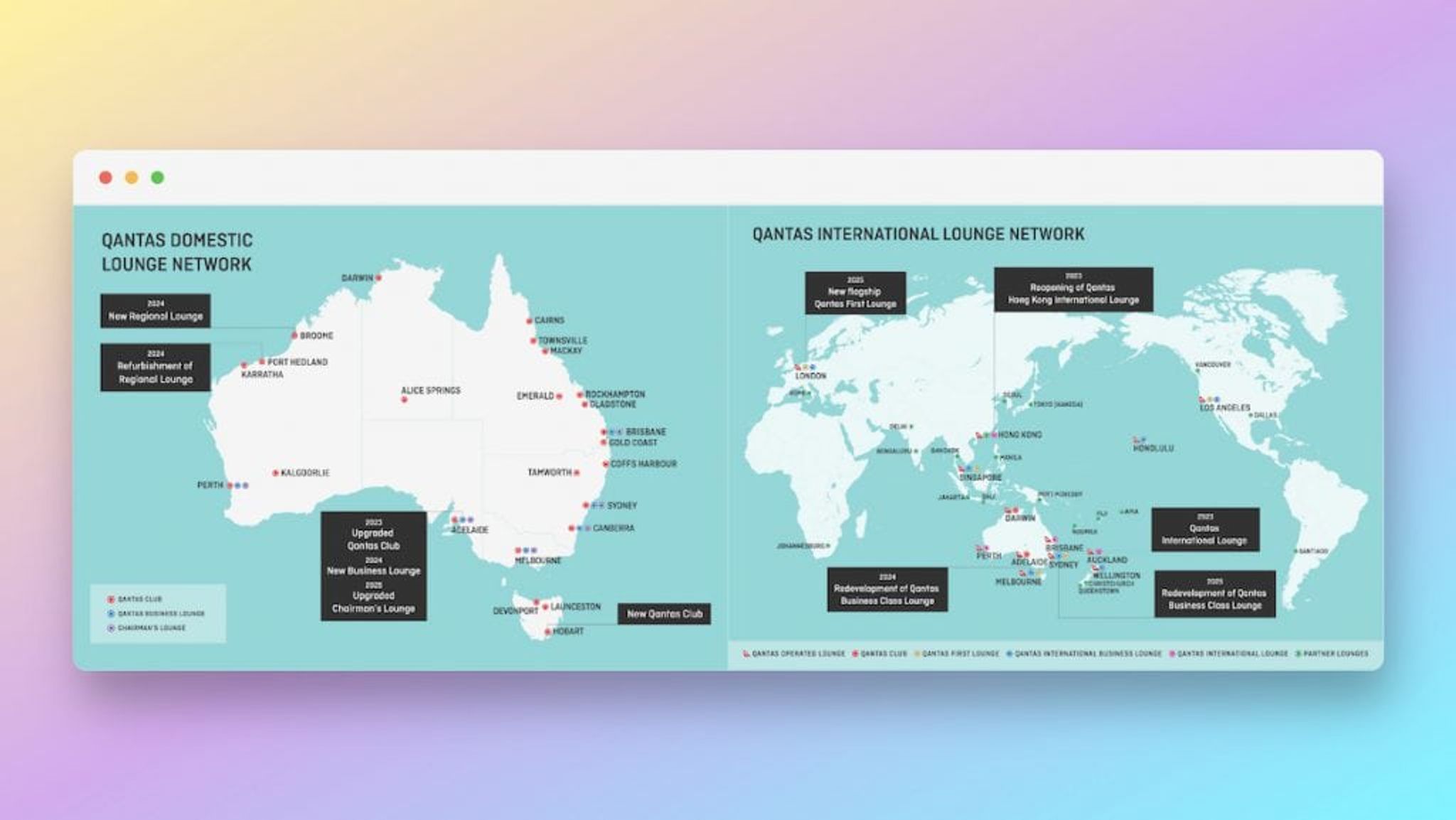 Map of the Qantas domestic and international lounge network