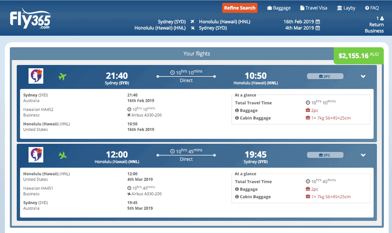 Fly365 booking for Hawaiian Airlines business class, Sydney to Honolulu return, $2,155.16