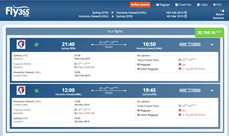 Fly365 booking for Hawaiian Airlines business class, Sydney to Honolulu return, $2,155.16