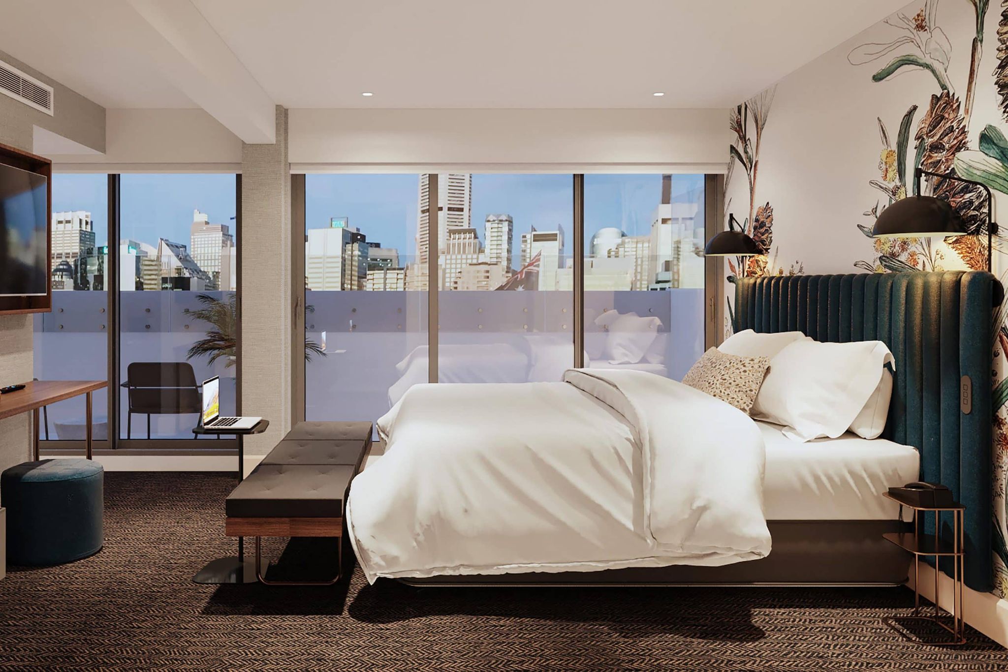 Artist's render of an Aiden Darling Harbour guest room with a botanical mural and city views