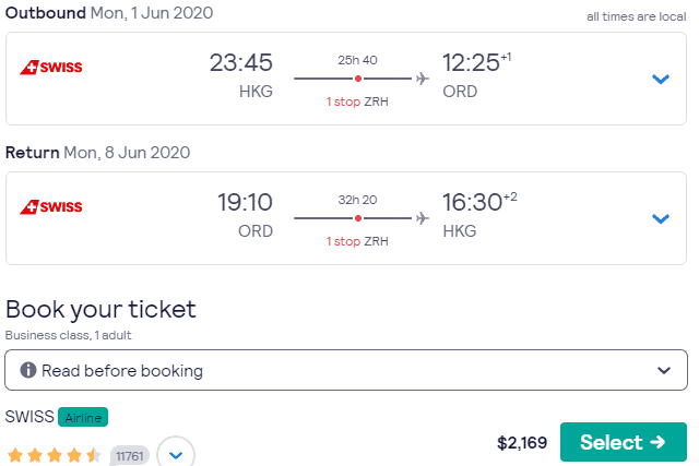 Swiss business class fare from Hong Kong to Chicago via Zurich for $2,169 return