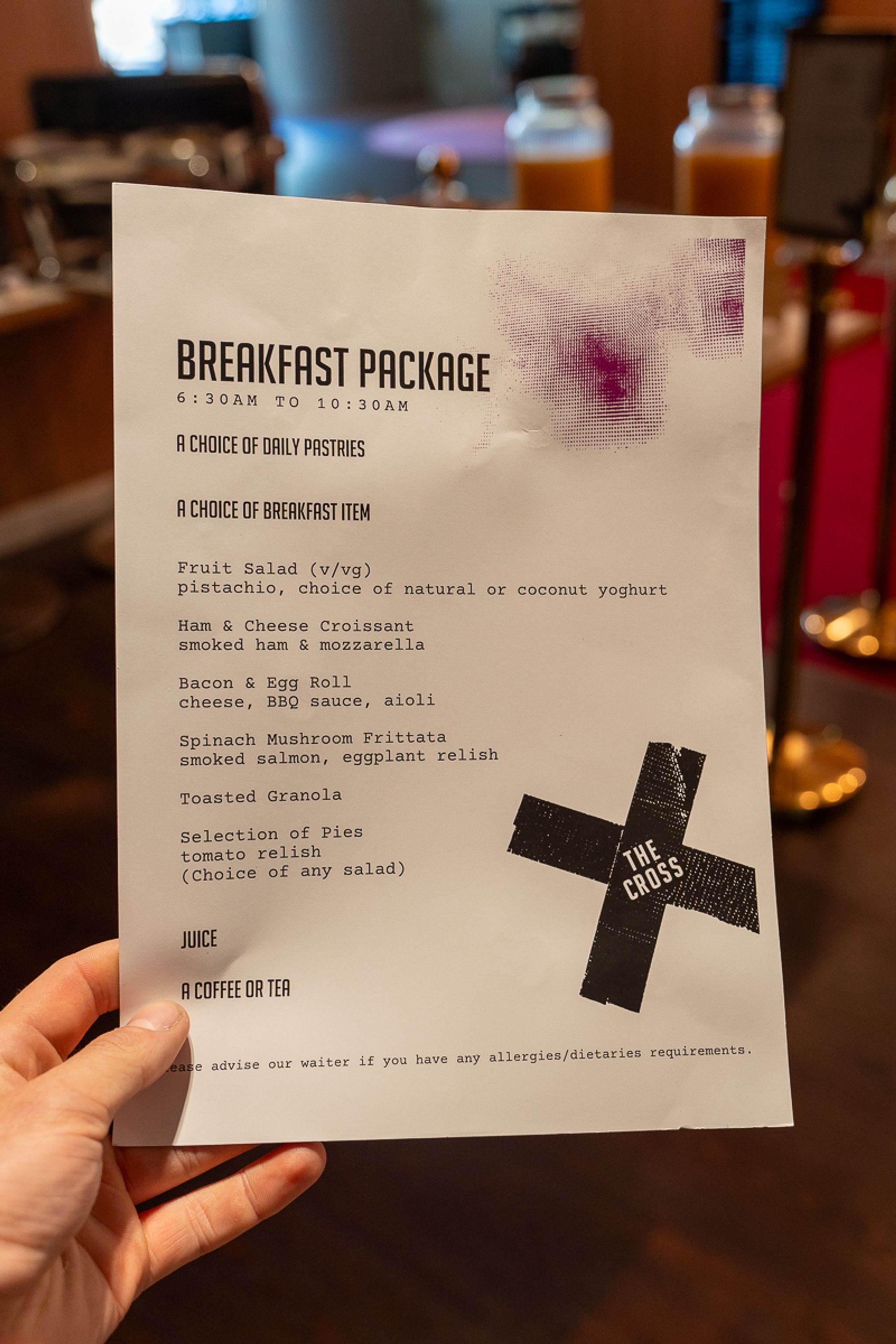 Breakfast package menu from The X at Hotel Indigo Sydney Potts Point