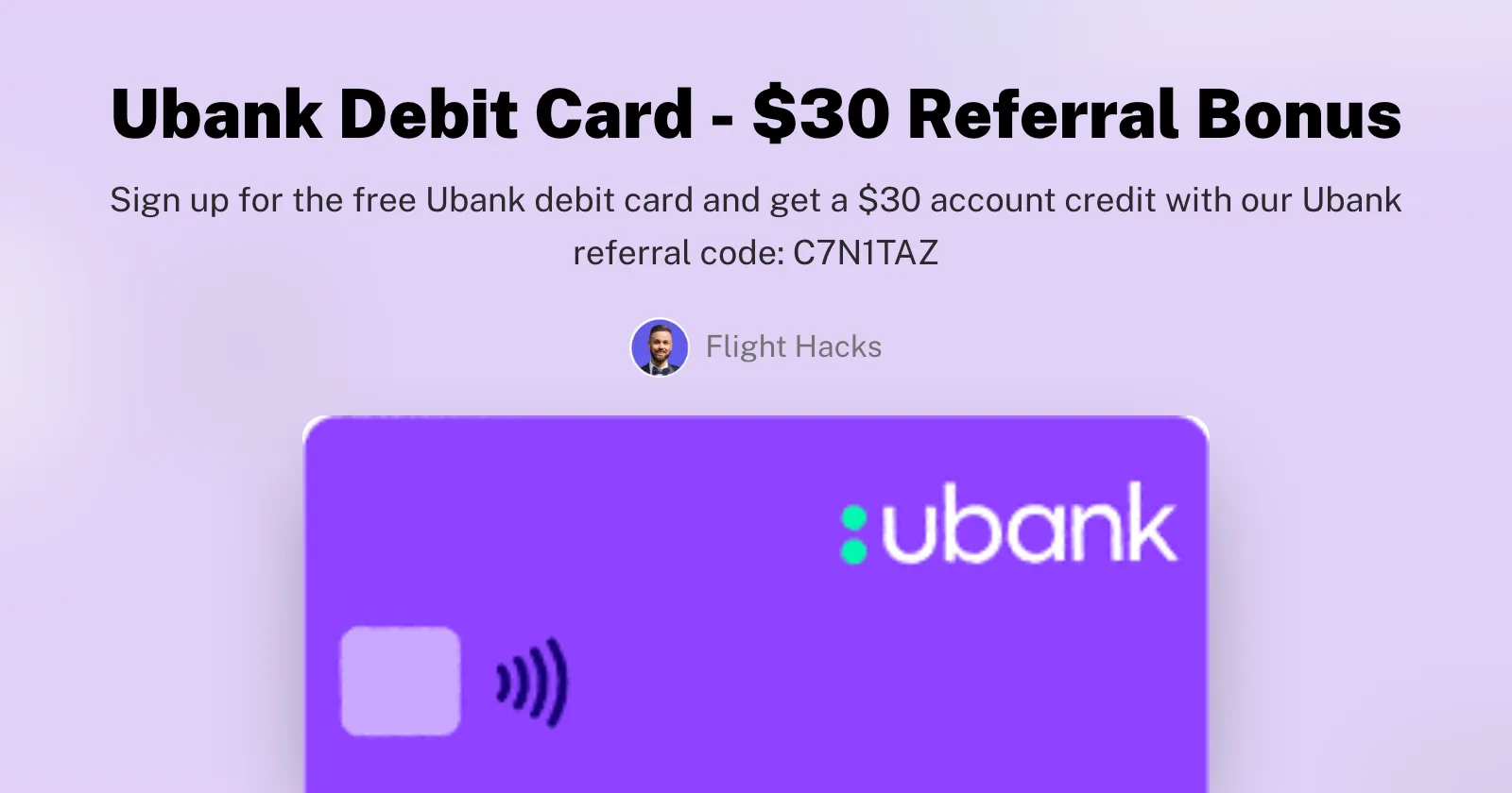 Ubank debit card with a $30 referral bonus banner