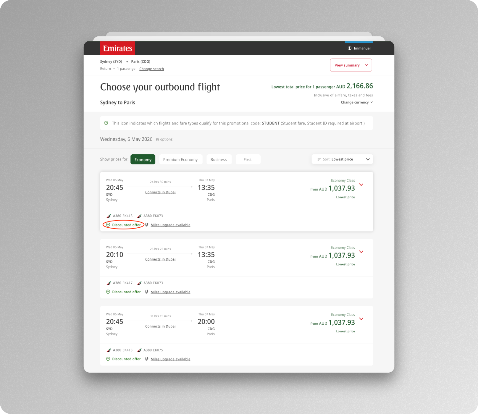 How to tell if Emirates student discount is applied