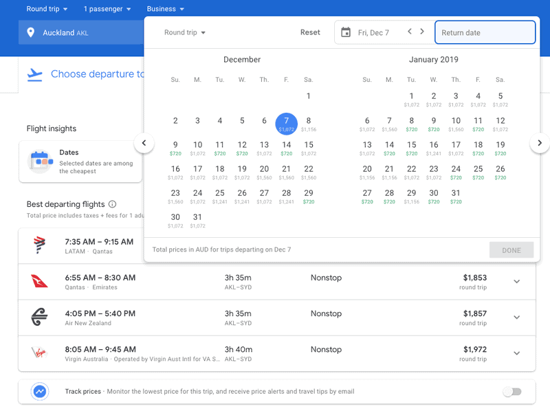 Google Flights calendar for Auckland to Sydney return in business class
