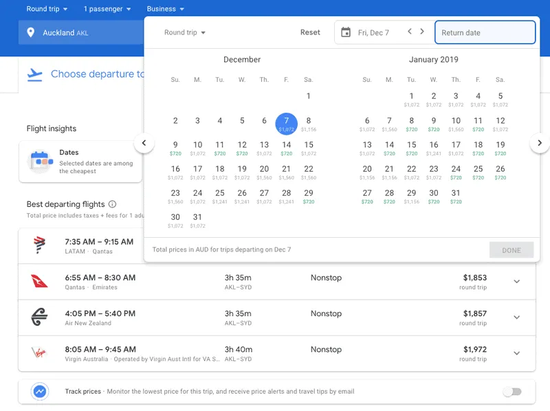 Google Flights calendar for Auckland to Sydney return in business class