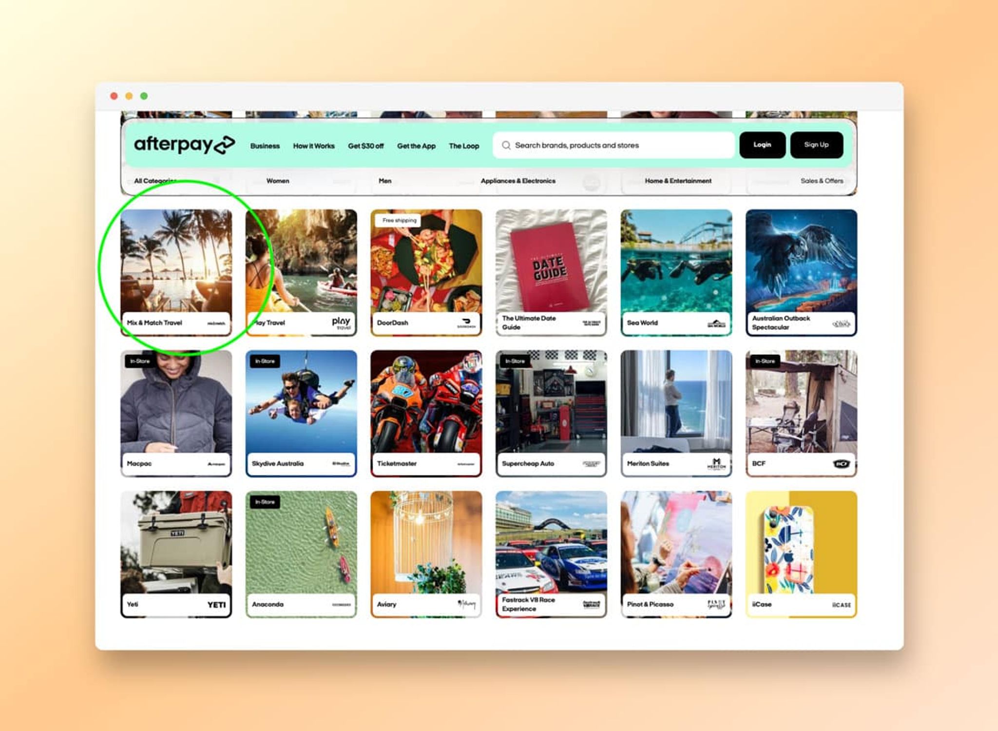 Afterpay website directory of travel and lifestyle stores with Mix & Match Travel circled