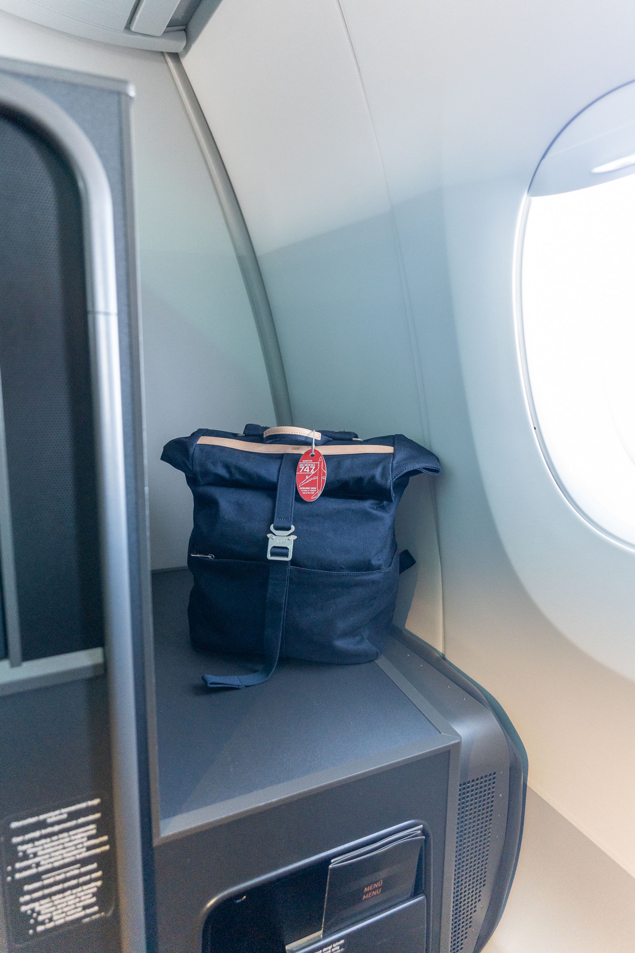 Backpack in the side storage by the window in Turkish Airlines A350 business class