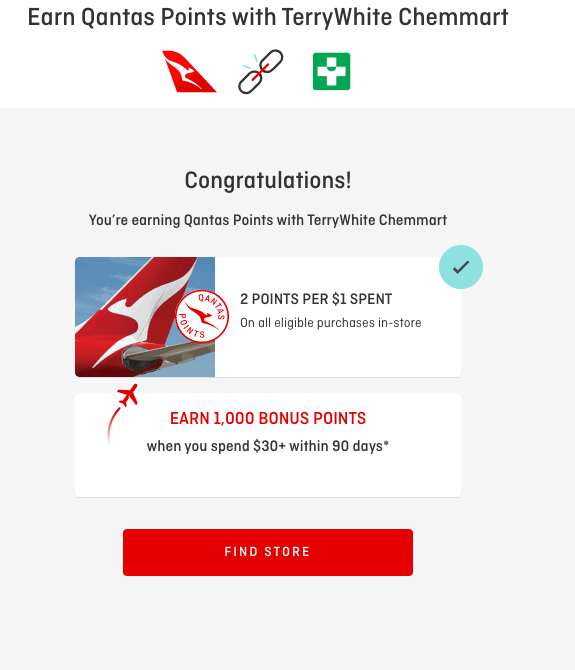 TerryWhite Chemmart Qantas Points sign-up confirmation showing 2 points per $1 and 1,000 bonus points