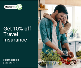 InsureandGo travel insurance advertisement offering 10% off