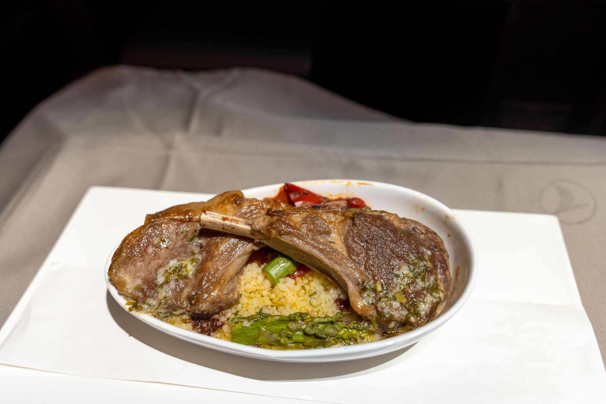 Lamb chops with couscous served in Turkish Airlines business class