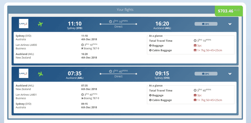 Fly365 booking for LATAM business class Sydney to Auckland return at $703.46