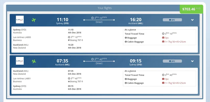 Fly365 booking for LATAM business class Sydney to Auckland return at $703.46