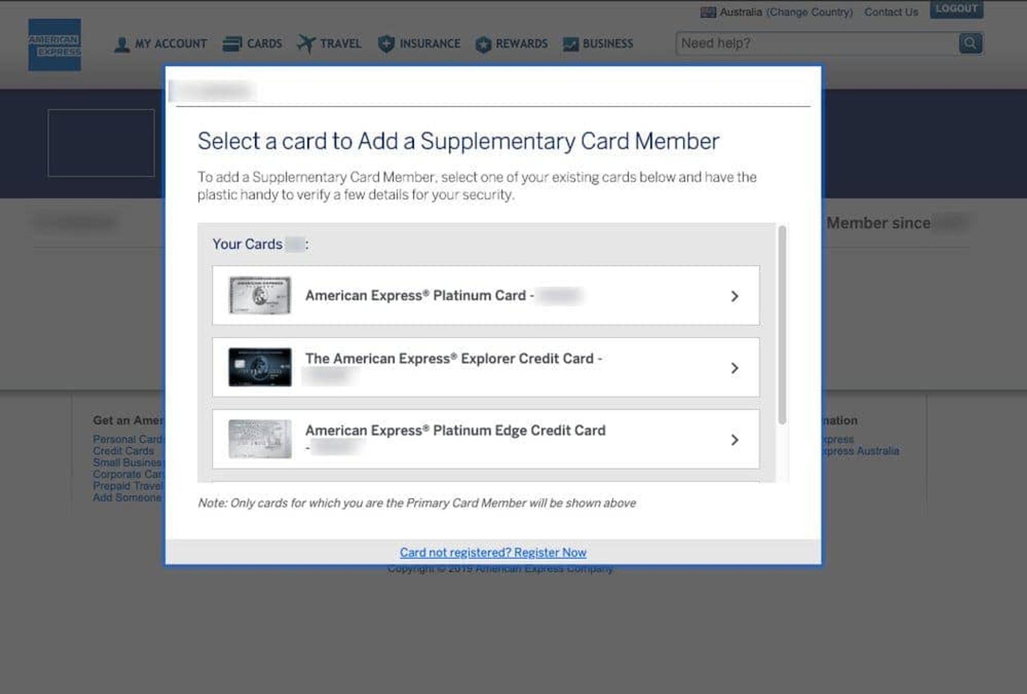 American Express account screen to select a card for adding a Supplementary Card Member