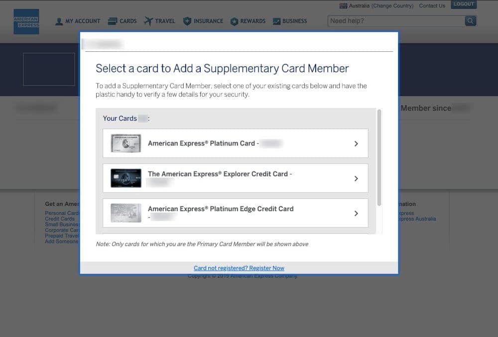 American Express account screen to select a card for adding a Supplementary Card Member