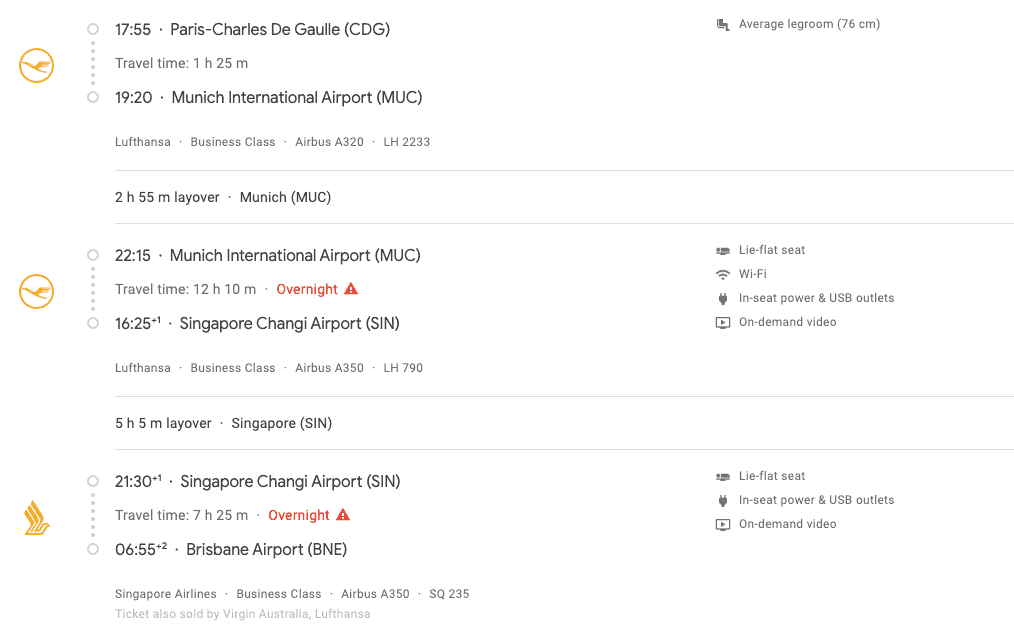 Lufthansa and Singapore Airlines business class itinerary from Paris to Brisbane