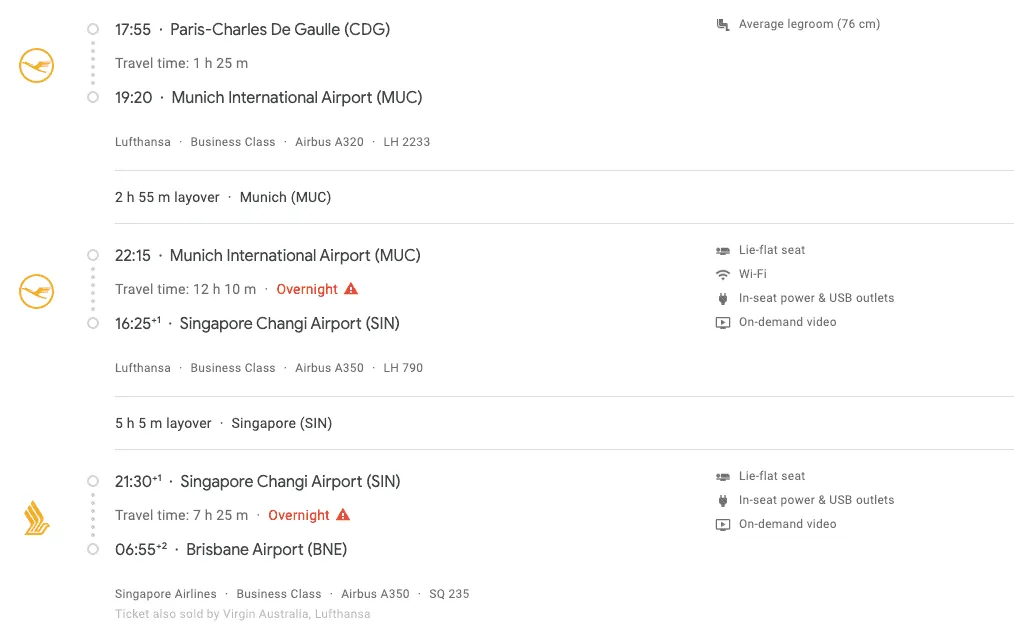 Lufthansa and Singapore Airlines business class itinerary from Paris to Brisbane